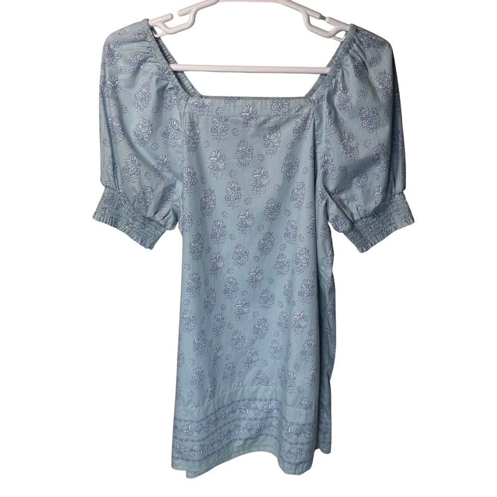 Crown & Ivy Blue Floral Block Print Puff Sleeve Cotton Mini Shift Dress L